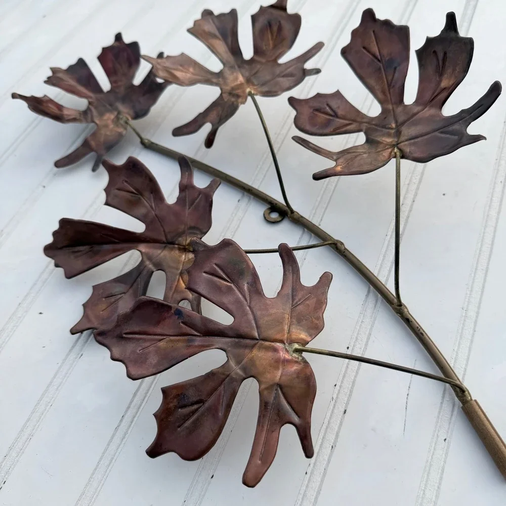 Vintage Copper Tone Metal Leaf Branch Wall Art Sculpture 18 Inch MCM Decor